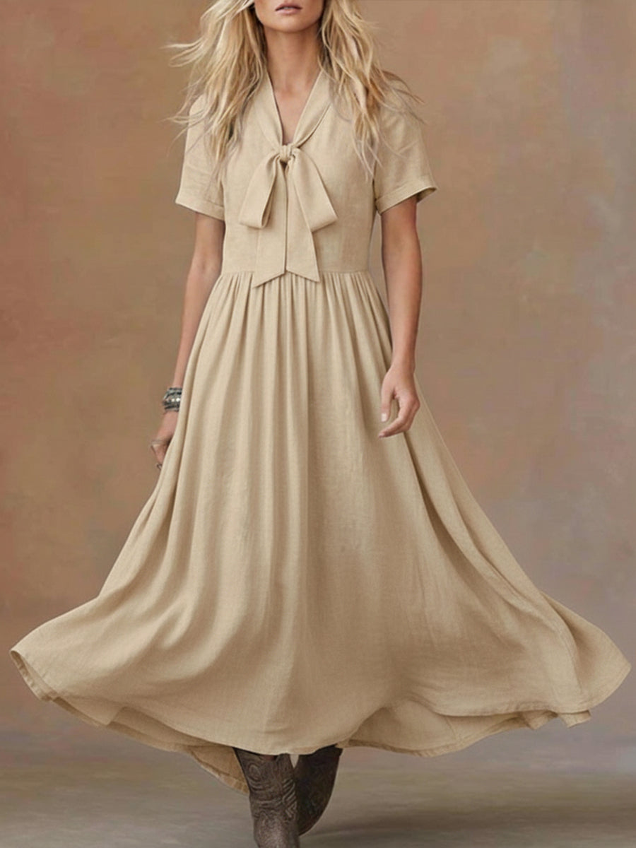 Comfortable Linen And Cotton Tie-waist Dress