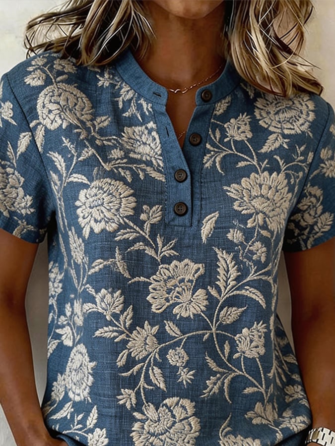 Women's Casual V-neck Printed Short-sleeved Top