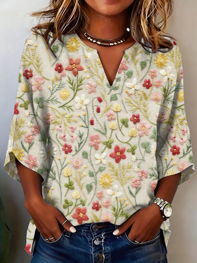 Women's Casual Spring Floral Cotton Linen Top