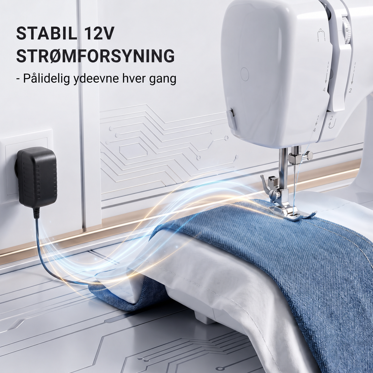 Multifunktionel symaskine til hjemmebrug med dobbelt tråd, dobbeltnål og 45 stingmuligheder.