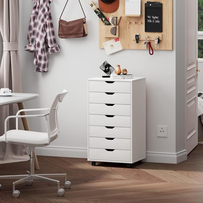 Cónomda de Madera con 7 Cajones Organizador de Ropa y Archivero Móvil, Cofre de Almacenamiento con Ruedas Ruedas Giratorias 360° y Freno
