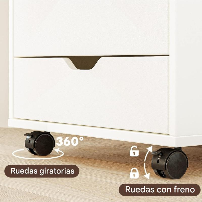 Cónomda de Madera con 7 Cajones Organizador de Ropa y Archivero Móvil, Cofre de Almacenamiento con Ruedas Ruedas Giratorias 360° y Freno
