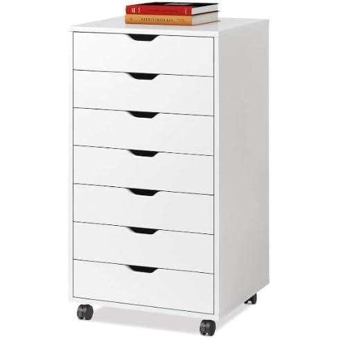 Cónomda de Madera con 7 Cajones Organizador de Ropa y Archivero Móvil, Cofre de Almacenamiento con Ruedas Ruedas Giratorias 360° y Freno