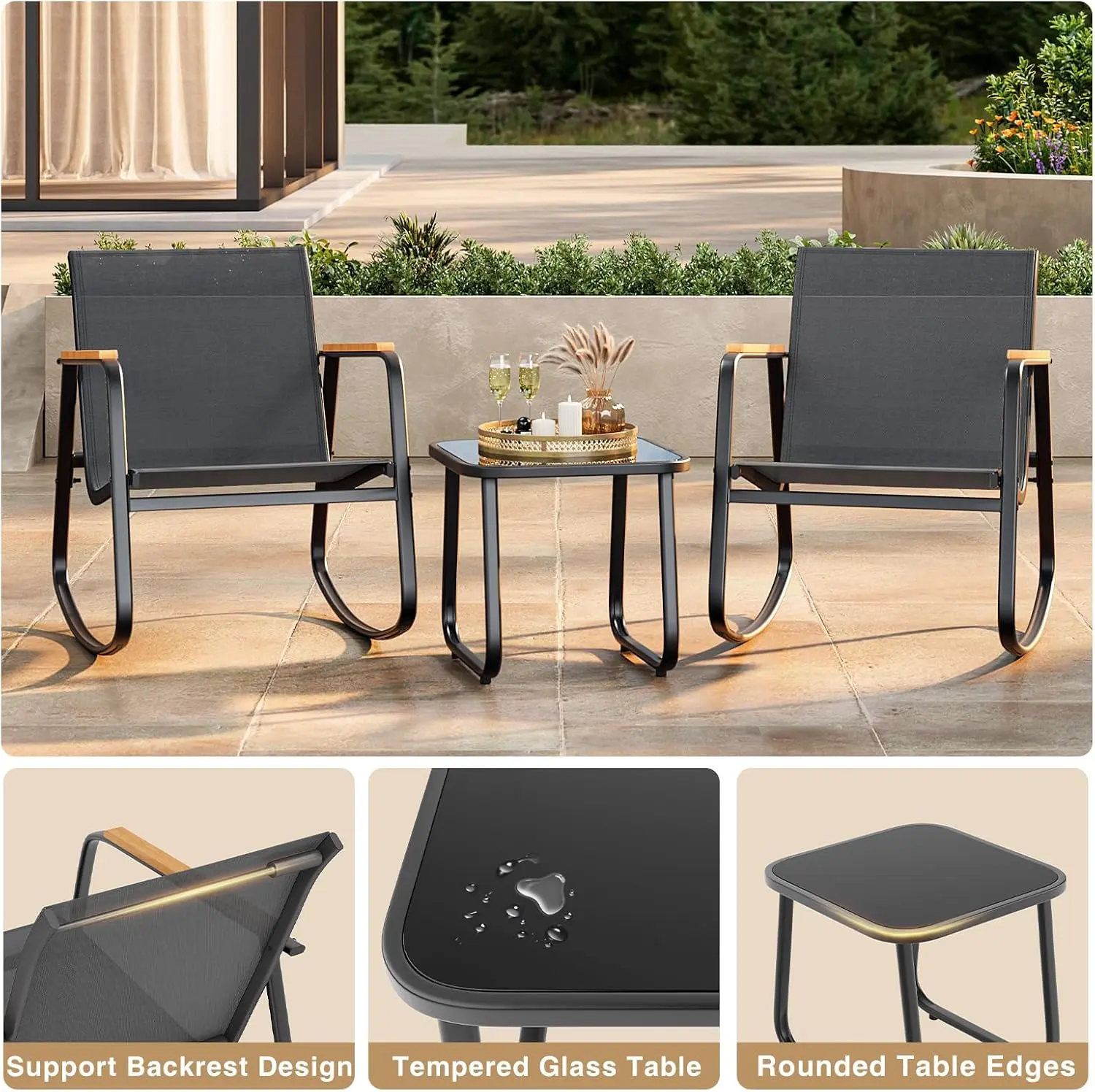 Juego de patio mecedor de 3 piezas: muebles de exterior en color negro