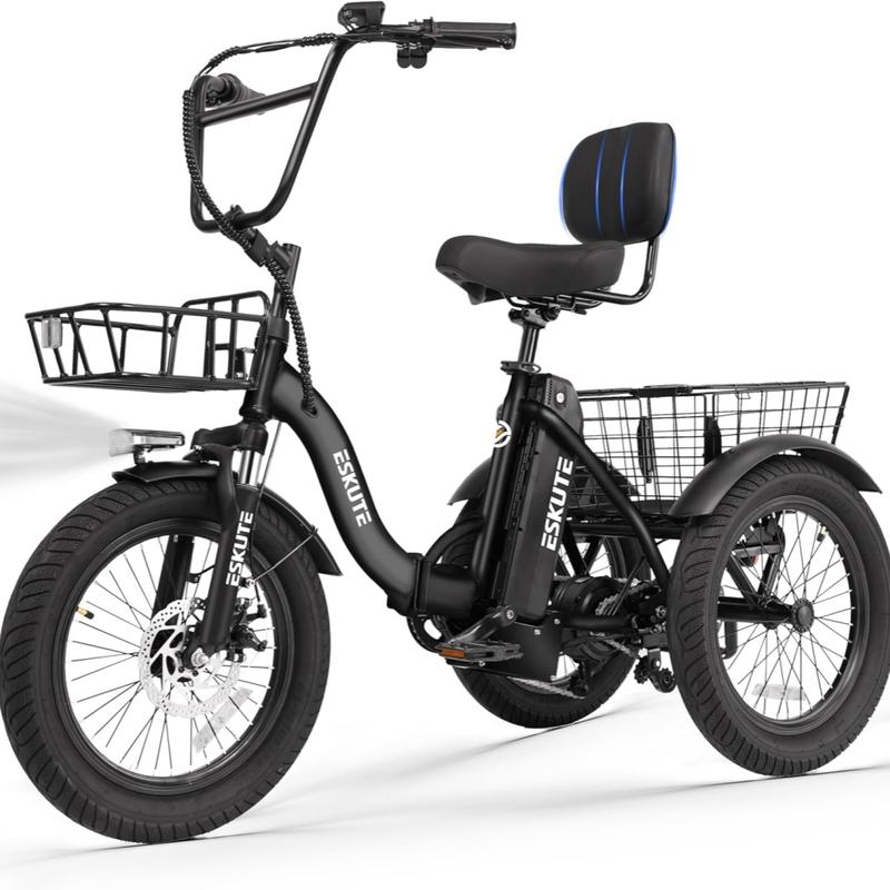 Triciclo eléctrico plegable ESKUTE T300 de fácil acceso para personas mayores, 1200 W de potencia máxima, batería de 624 Wh, neumáticos anchos de 18x3.0, autonomía máxima de 55 millas, diferencial trasero, acelerador con asistencia al pedaleo ajustable, r