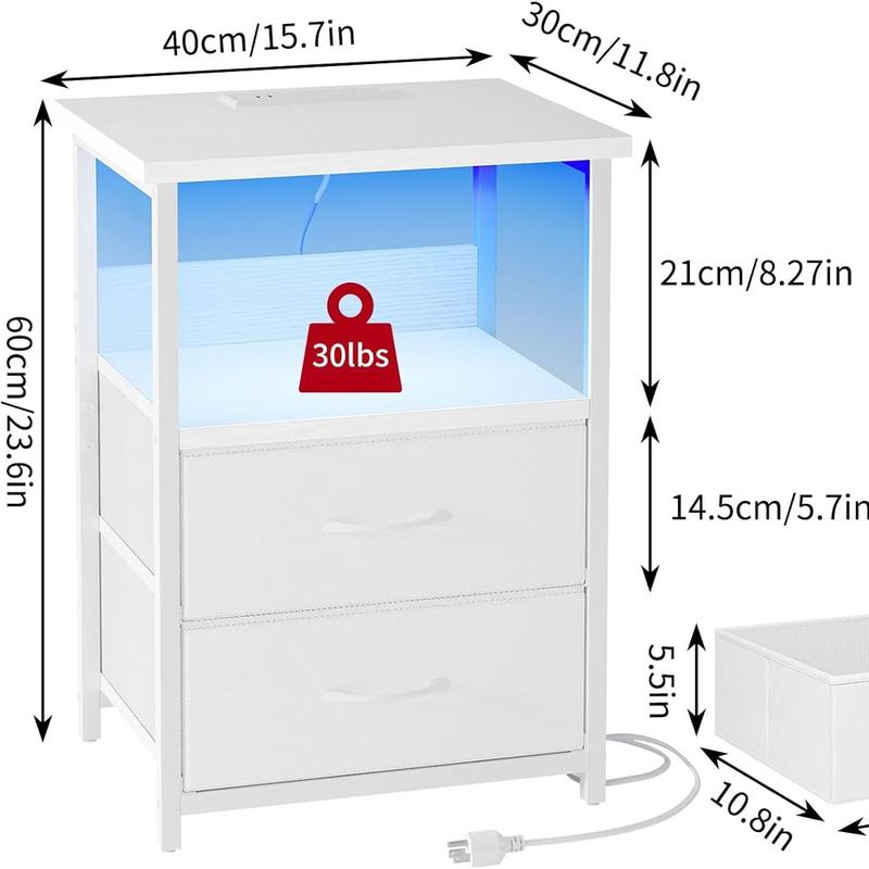 【Summergarden】Mesita de noche con estación de carga, mesita de noche LED con puertos y tomas USB, 2 cajones de almacenamiento de tela con acabado de PU, mesita de noche pequeña, negra