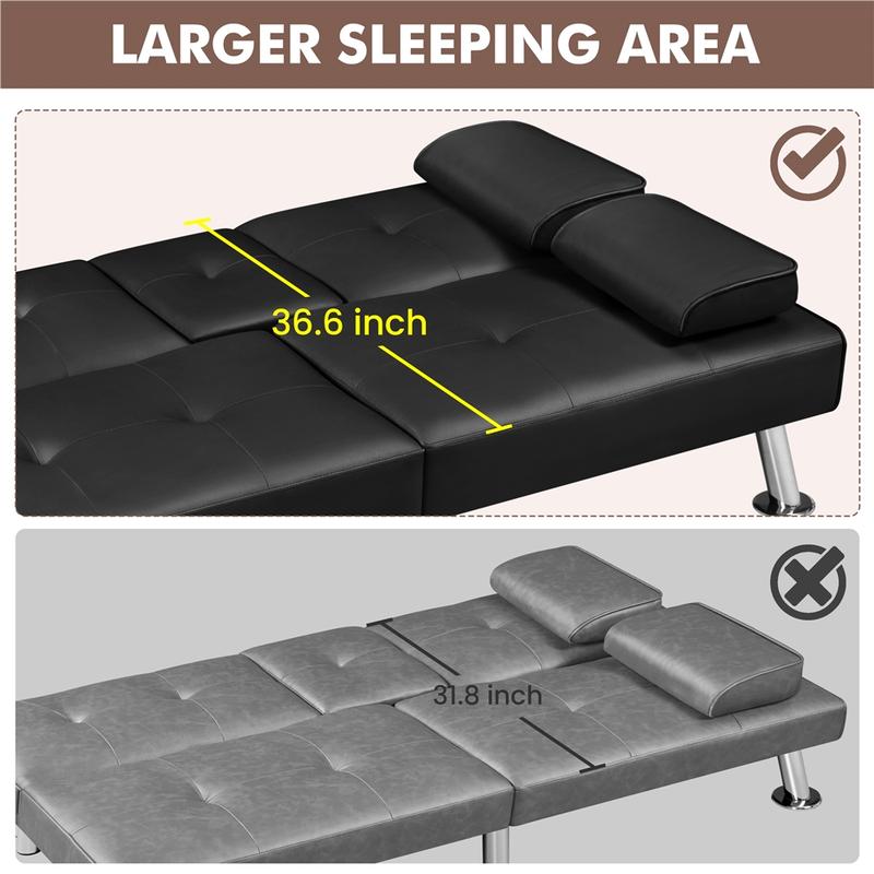 【Mayor área para dormir】Sofás y cama futón convertibles modernos de piel sintética Yaheetech con 2 cojines decorativos y portavasos abatibles, sofá futón ajustable 3 en 1