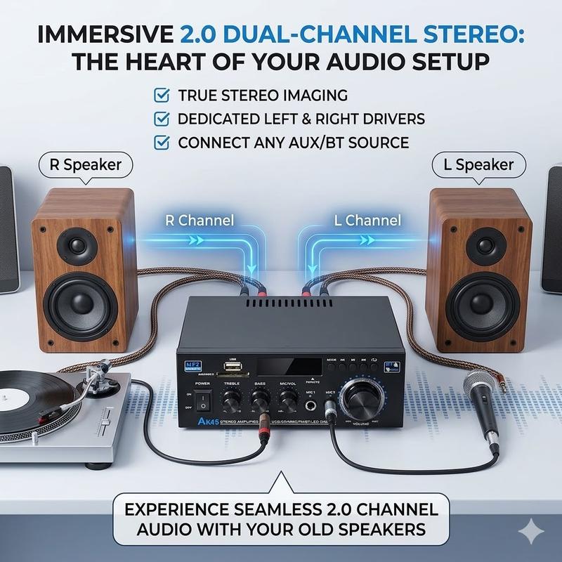 Amplificador estéreo Bluetooth 5.0 HiFi de 2.0 canales con soporte para USB, SD y RCA para micrófono dual, ideal para karaoke, cine en casa, fiestas y transmisión de audio.