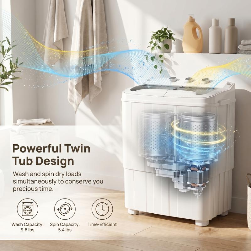 Lavadora semiautomática de doble tina de 15 libras, capacidad total de 16 libras, lavado de 9,6 libras + centrifugado de 5,4 libras, lavadora compacta para apartamentos, dormitorios, vehículos recreativos, camping, uso diario doméstico, gris