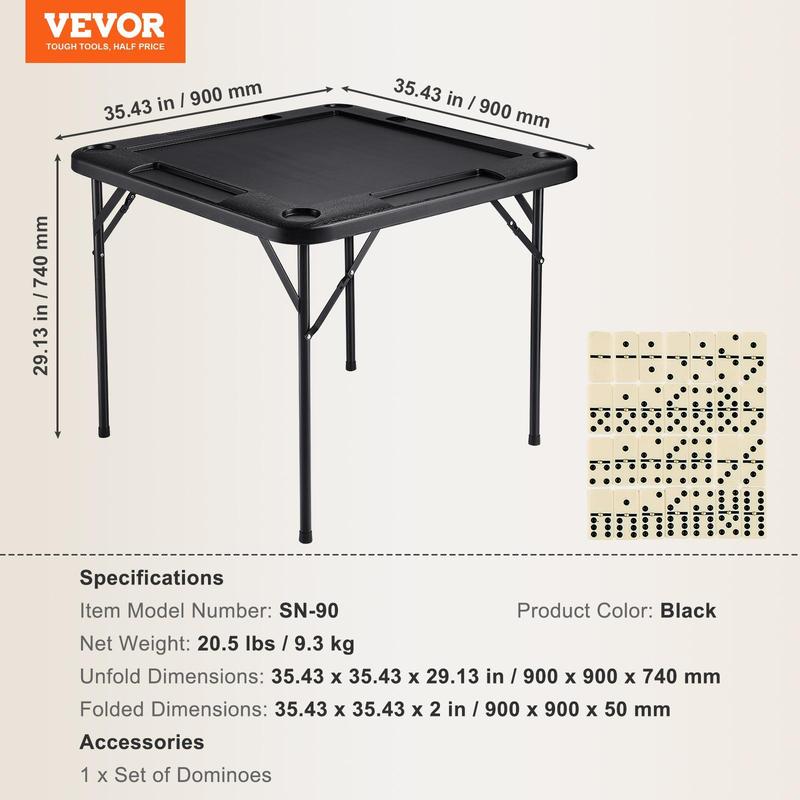Mesa de Mahjong VEVOR, cuadrada, plegable, para 4 jugadores, con 4 portavasos y 4 bandejas para fichas, mesa de juego de dominó portátil con 1 juego de dominó para Mahjong, póker y rompecabezas, 90 x 90 cm, blanca.