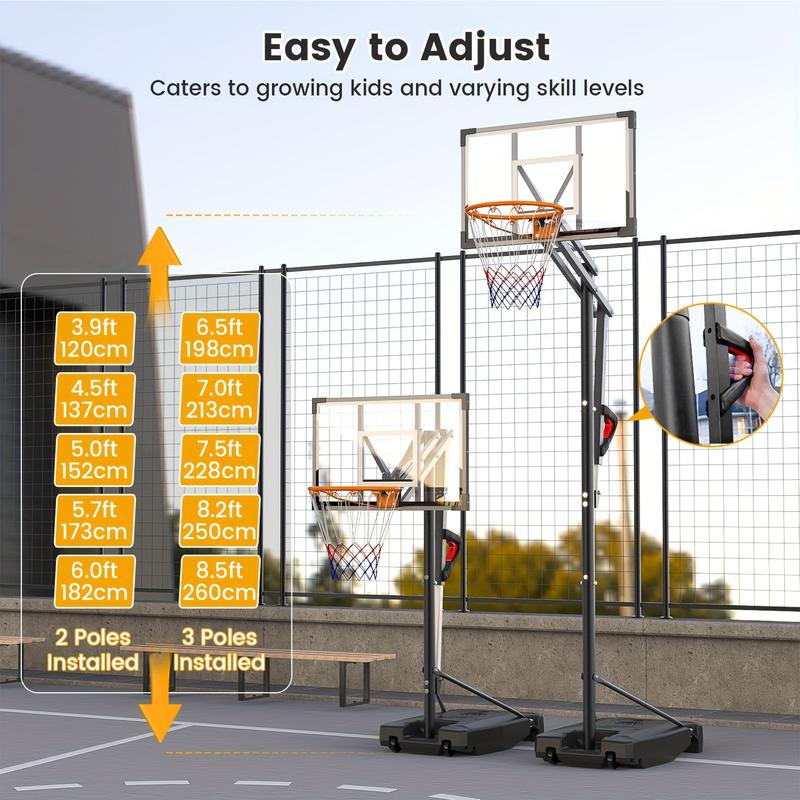 Sistema de aro de baloncesto portátil DAYAGO - Aro de 2,6 m (8,5 pies) de altura ajustable con tableros de 84 cm (33"), ruedas, ideal para entrenamiento infantil, entrada de vehículos y juegos en interiores/exteriores, adultos.