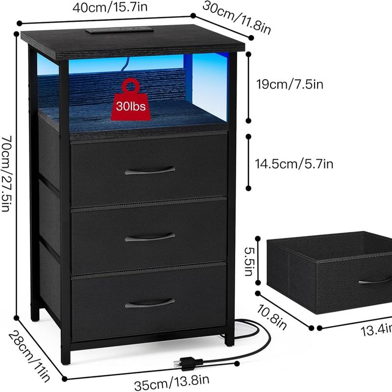 【Summergarden】Mesita de noche con estación de carga, mesita de noche LED con puertos y tomas USB, 2 cajones de almacenamiento de tela con acabado de PU, mesita de noche pequeña, negra
