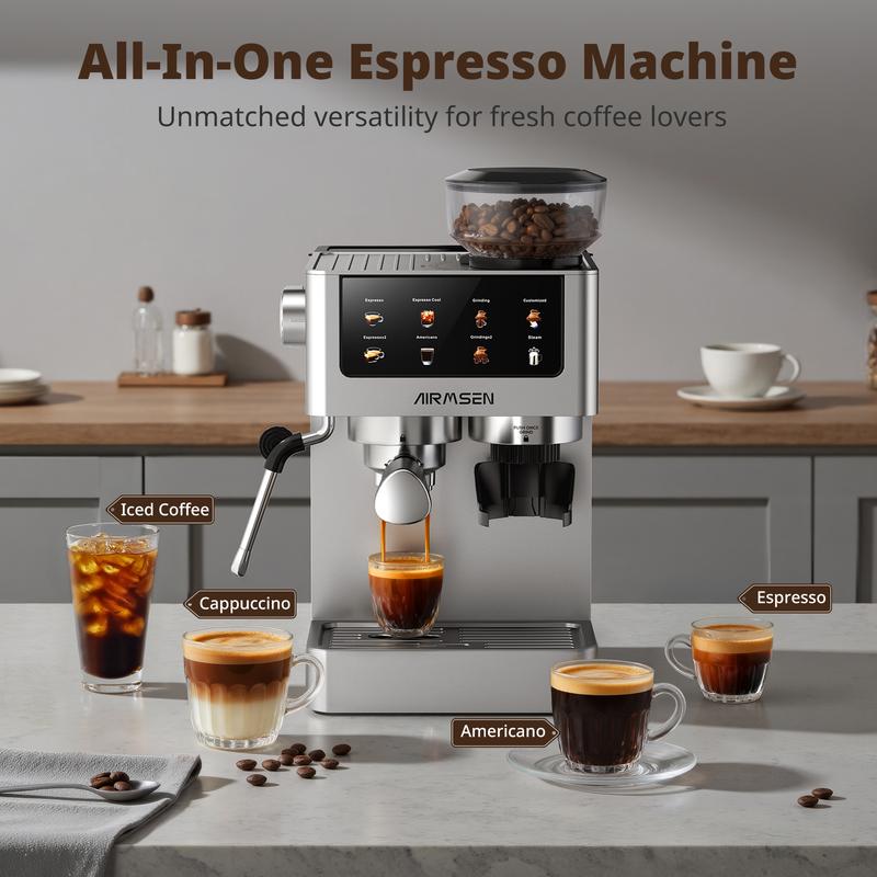 Cafetera espresso AIRMSEN con molinillo de muelas, 20 bares, acero inoxidable para uso doméstico, cafetera profesional con depósito de agua extraíble y espumador de leche BCM2316