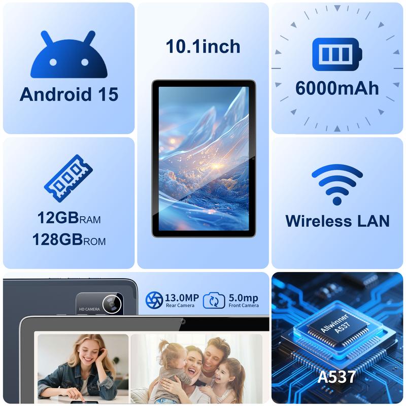 Tablet Android 15, tableta de 10 pulgadas con teclado, ratón, lápiz óptico, funda, 12 GB + 128 GB, batería de 6000 mAh, cámara de 13 MP + 5 MP