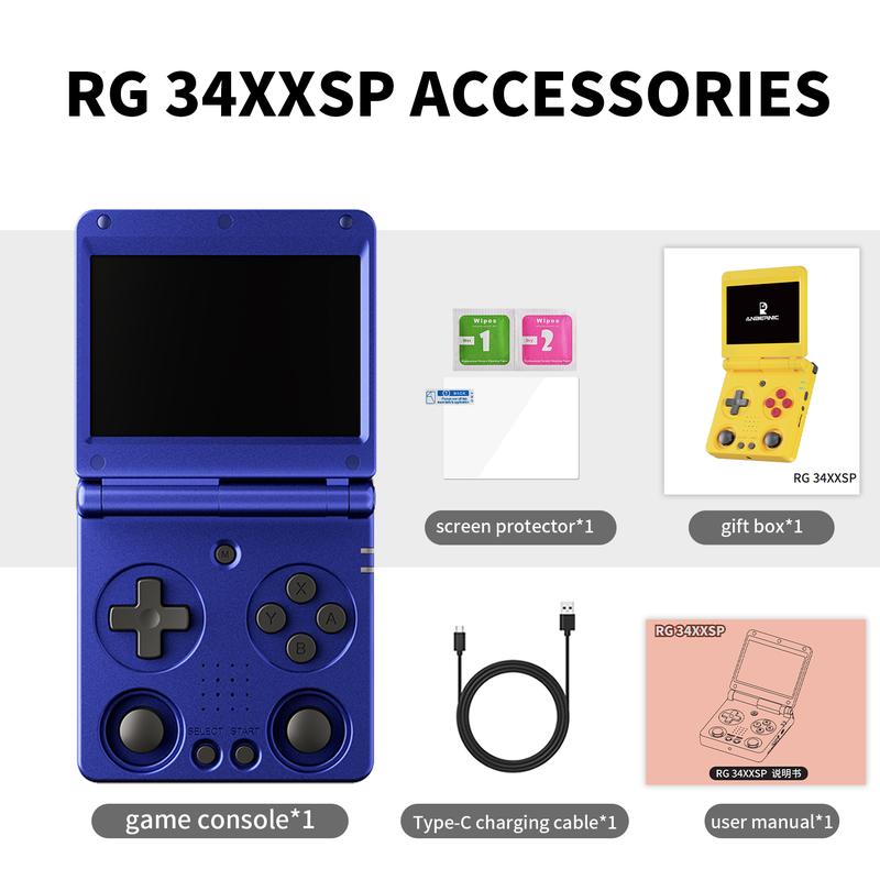 Consola de juegos portátil ANBERNIC RG34XXSP, consola de bolsillo plegable de 3,4 pulgadas, sistema Linux de 64 bits, joysticks dobles, batería de 3300 mAh, rg34xxsp-indigo-64g, Gamer Stuff, caja de regalo navideña para niños, juegos interactivos