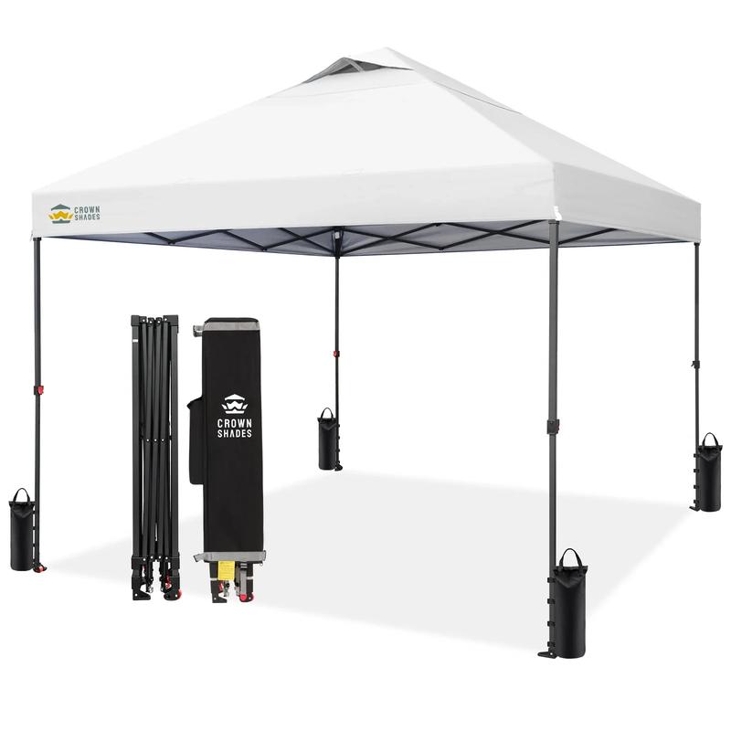 Toldo plegable CROWN SHADES de 3x3 metros - Toldo instantáneo para exteriores con cierre central patentado y un solo botón, tienda de playa con bolsa STO-N-Go, 8 estacas y 4 sacos de arena, color blanco, conjunto de muebles de exterior