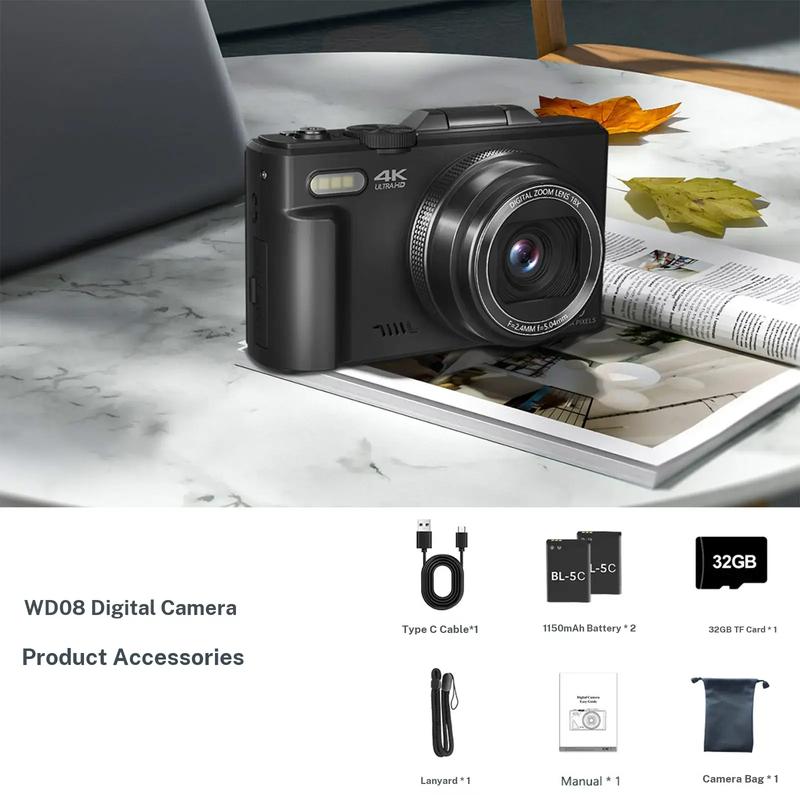 Cámara digital 4K para fotografía con 64 MP, pantalla abatible de 3 pulgadas y 180°, zoom digital de 18x, tarjeta Micro SD de 32 GB, 2 baterías, ideal para regalar.
