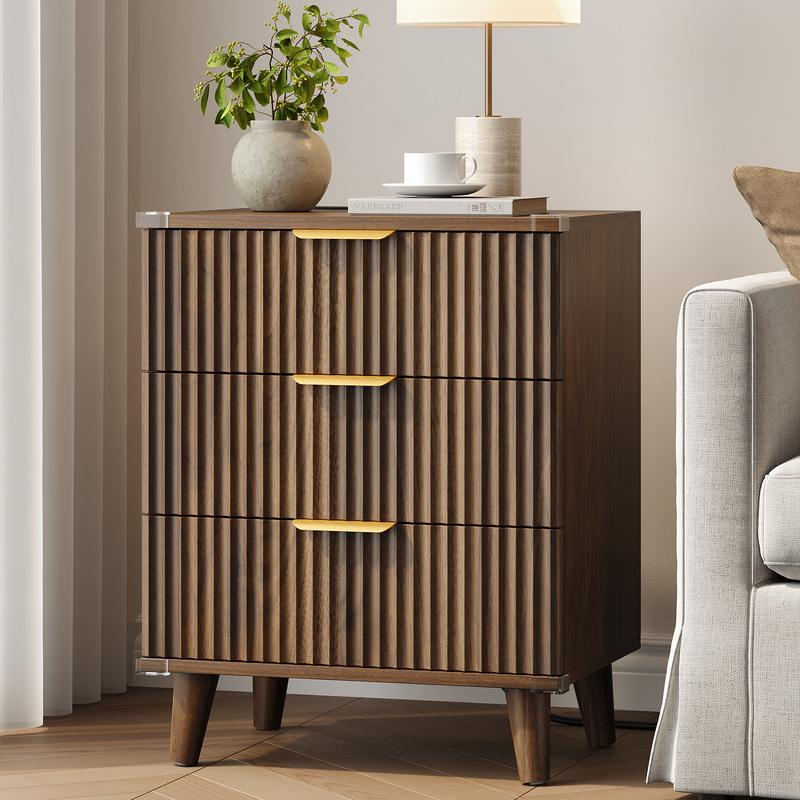 Mesitas de noche Aowos con paneles acanalados para dormitorio, mesita de noche moderna con 3 cajones y estación de carga, mesas auxiliares con paneles acanalados para dormitorio y sala de estar, mesita de noche con puertos USB, mesita de noche con almacen