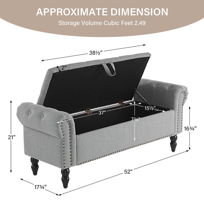 Banco otomano con almacenamiento para cama Queen/King, banco tapizado para el pie de la cama con brazos enrollados para dormitorio, sala de estar, recibidor, taburete acolchado suave, reposapiés