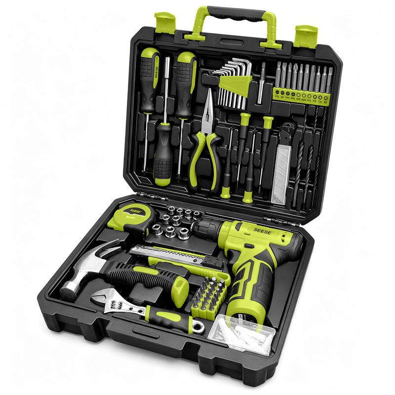 Juego de herramientas SEESE de 126 piezas: kit con taladro atornillador inalámbrico de 8 V con estuche de almacenamiento, herramientas eléctricas para bricolaje para trabajos de cercas, decoración del hogar, montaje de muebles y reparaciones cotidianas.