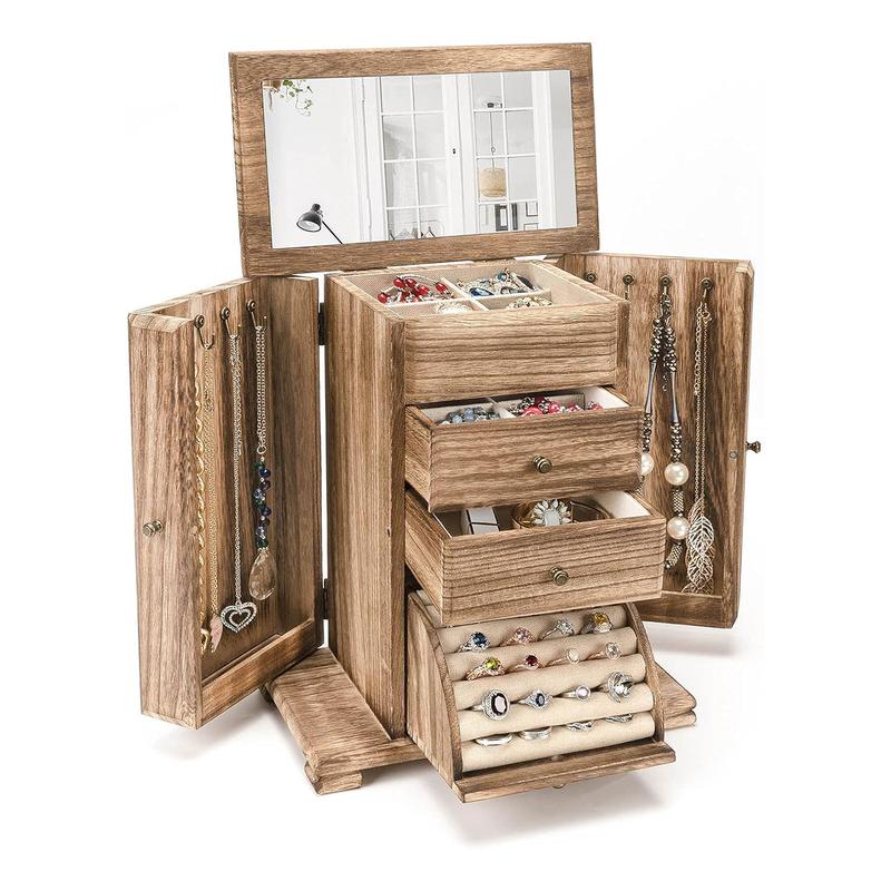 Caja de joyería Emfogo para mujer, cajas y organizadores de joyería de madera rústica con espejo, caja organizadora de joyería de 4 niveles para anillos, pendientes, collares y pulseras.