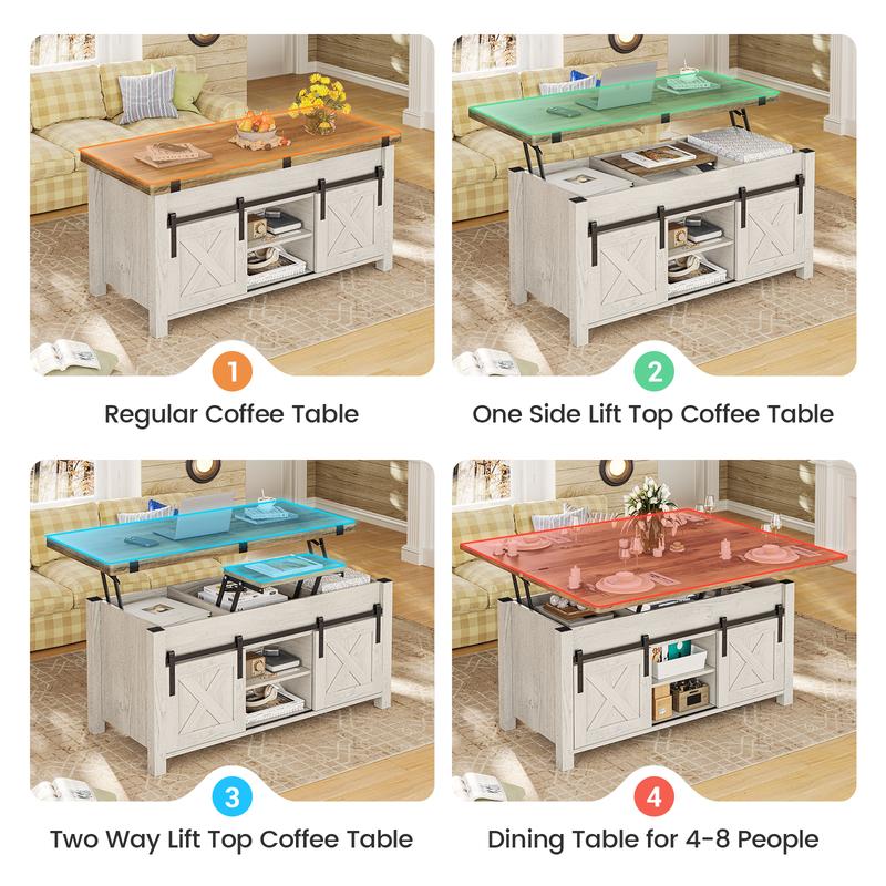 Mesa de centro Sedeta 4 en 1 multifuncional con tapa elevable - Muebles de sala de estar de estilo rústico en roble envejecido, mesa de comedor convertible con diseño plegable, puertas corredizas, almacenamiento y compartimento oculto, mesas de comedor co