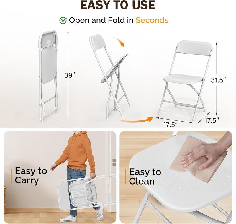 Sillas plegables de plástico VINGLI - Juegos de 4/6/10 piezas, asientos resistentes de color blanco con estructura metálica estable, diseño limpio, muebles de interior que ahorran espacio, fácil plegado, montaje rápido, patas de goma que protegen los suel