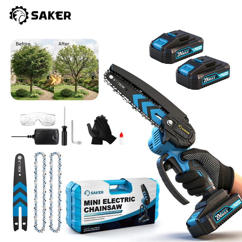Mini motosierra Saker de 4/6 pulgadas - Batería de larga duración de 3000 mAh (2 unidades), motor de cobre puro mejorado, sierra eléctrica de una mano para hombres y mujeres, herramienta portátil para cortar madera y jardín. Regalo ideal.
