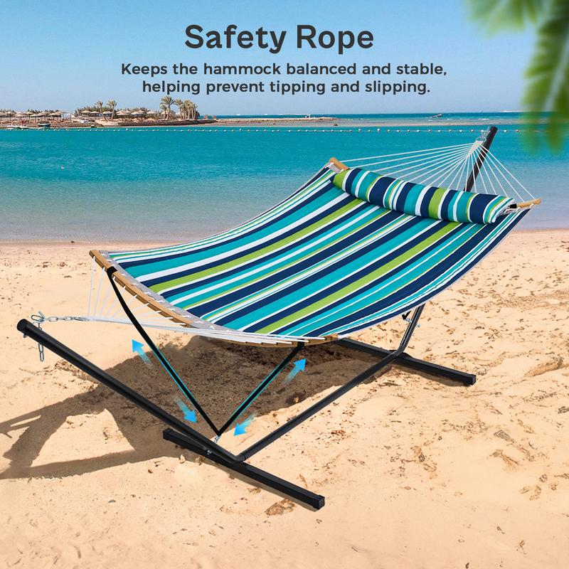 Hamaca doble portátil SUPERJARE de tela ajustable a rayas con soporte, hamaca acolchada de algodón y poliéster de alta resistencia de hasta 204 kg (450 lbs), almohada desmontable, barra curva resistente, bolsa de transporte portátil, ideal para decoración