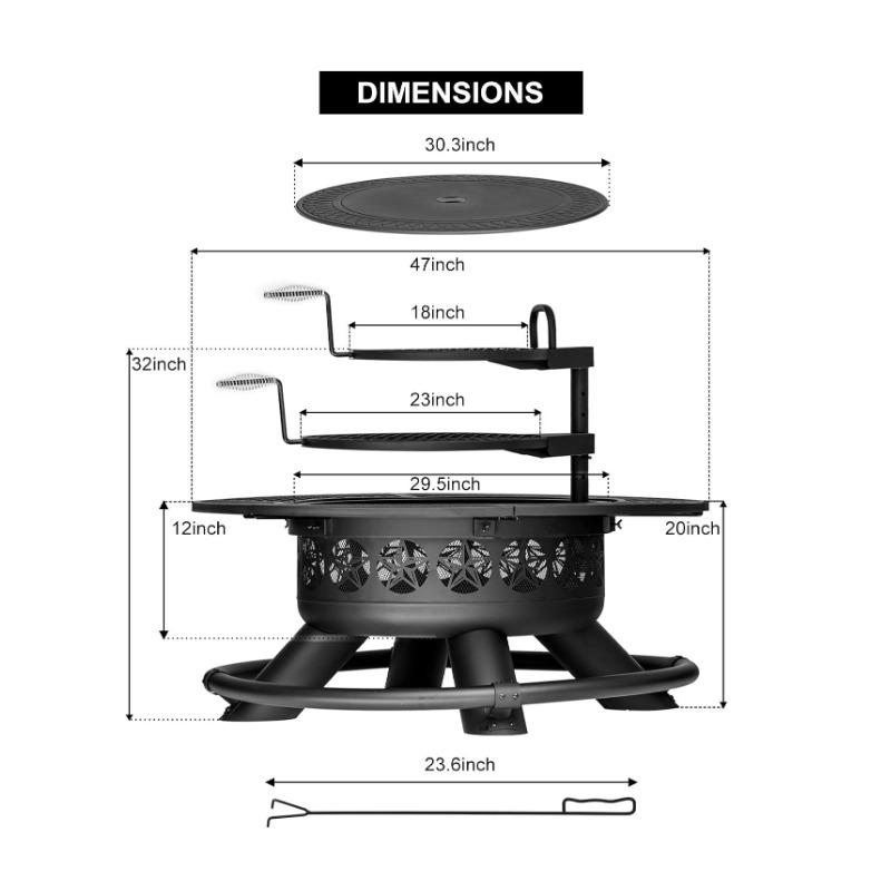 Brasero de exterior de 119 cm con 2 parrillas, brasero de barbacoa extragrande para exteriores, brasero redondo de metal con tapa y atizador, chimenea de exterior de leña 3 en 1 para patio trasero, terraza o fogata.