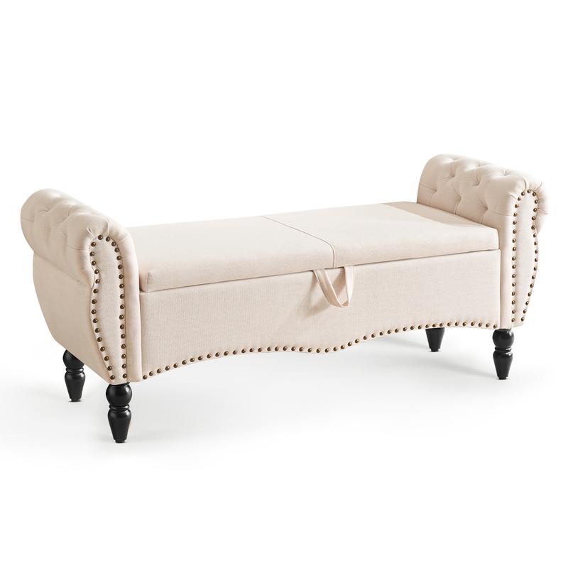 Banco otomano con almacenamiento para cama Queen/King, banco tapizado para el pie de la cama con brazos enrollados para dormitorio, sala de estar, recibidor, taburete acolchado suave, reposapiés