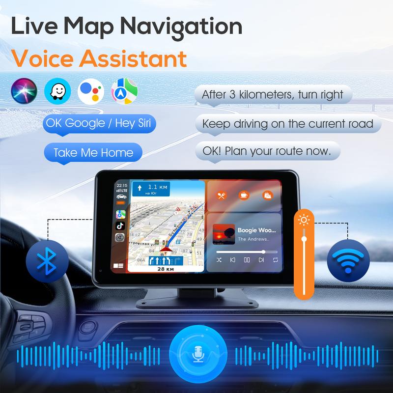 Autoestéreo inalámbrico Apple CarPlay y Android Auto de 7" (modelo 2026), pantalla táctil HD de 7", cámara de reversa, control por voz y radio FM – Ajuste universal.