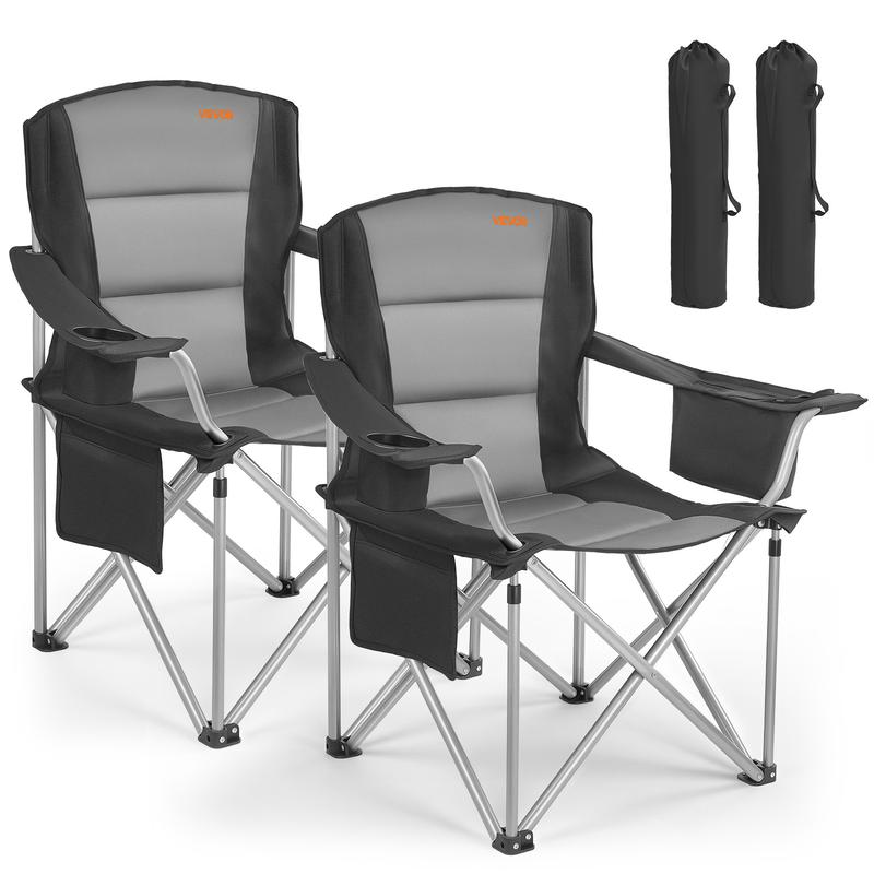 Sillas plegables extragrandes para camping VEVOR, paquete de 2, estructura metálica resistente de 204 kg, respaldo y reposabrazos acolchados de algodón resistente a la abrasión, portavasos, bolsillo lateral, bolsa térmica, bolsa de transporte para pesca a