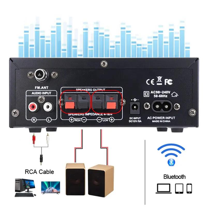 Amplificador estéreo Bluetooth 5.0 HiFi de 2.0 canales con soporte para USB, SD y RCA para micrófono dual, ideal para karaoke, cine en casa, fiestas y transmisión de audio.