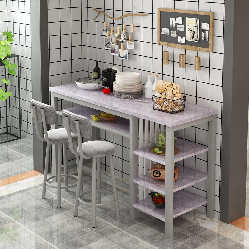 Juego de 3 mesas y sillas de bar AWQM, mesa moderna de imitación mármol blanco con 2 taburetes de bar con cojines de PU, mostrador de cocina con estantes de almacenamiento de 3 niveles, mesa que ahorra espacio para el hogar y la cocina, marco negro, juego
