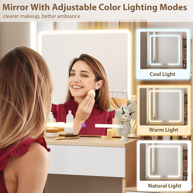 Tocador con espejo y luces, conjunto de mesa y silla de tocador con 4 cajones y estación de carga, tocador con espejo deslizante LED, color natural y blanco.