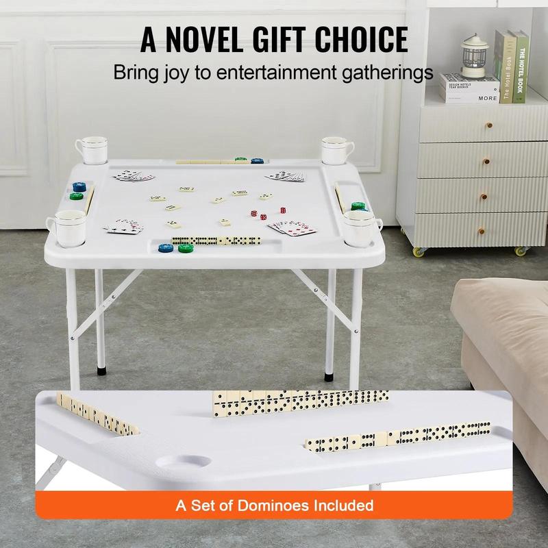 Mesa de Mahjong VEVOR, cuadrada, plegable, para 4 jugadores, con 4 portavasos y 4 bandejas para fichas, mesa de juego de dominó portátil con 1 juego de dominó para Mahjong, póker y rompecabezas, 90 x 90 cm, blanca.