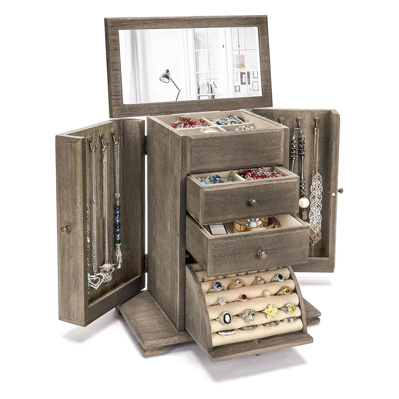 Caja de joyería Emfogo para mujer, cajas y organizadores de joyería de madera rústica con espejo, caja organizadora de joyería de 4 niveles para anillos, pendientes, collares y pulseras.
