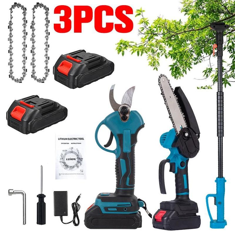 Kit 3 en 1 de sierra de pértiga inalámbrica y mini motosierra con 2 baterías, tijeras de jardín, pértiga extensible: motosierra eléctrica para poda de árboles, cortador de ramas y cadenas.