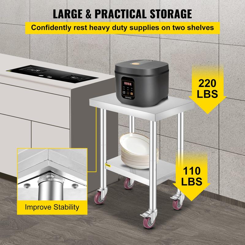 Mesa de trabajo VEVOR de acero inoxidable, varias especificaciones, con 4 ruedas, mesa de trabajo comercial de alta resistencia para preparación de alimentos con freno para trabajos de preparación de cocina, mesa de trabajo de acero inoxidable