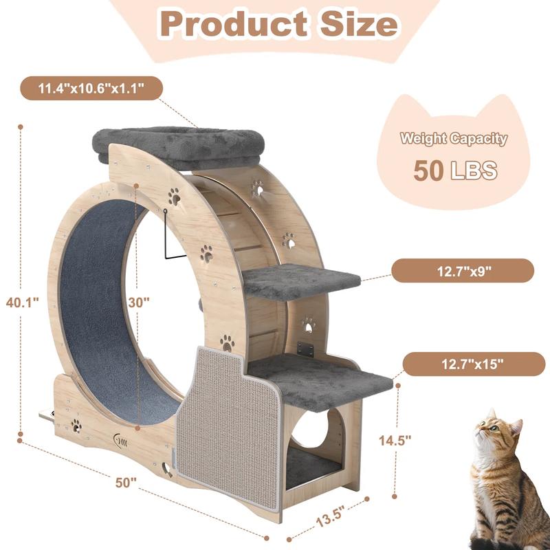 NAVINE Rueda de ejercicio para gatos de 40" para gatos de interior, cinta de correr para gatos con nido, rueda con cierre de seguridad, rascador, casita, escalera y comedero.