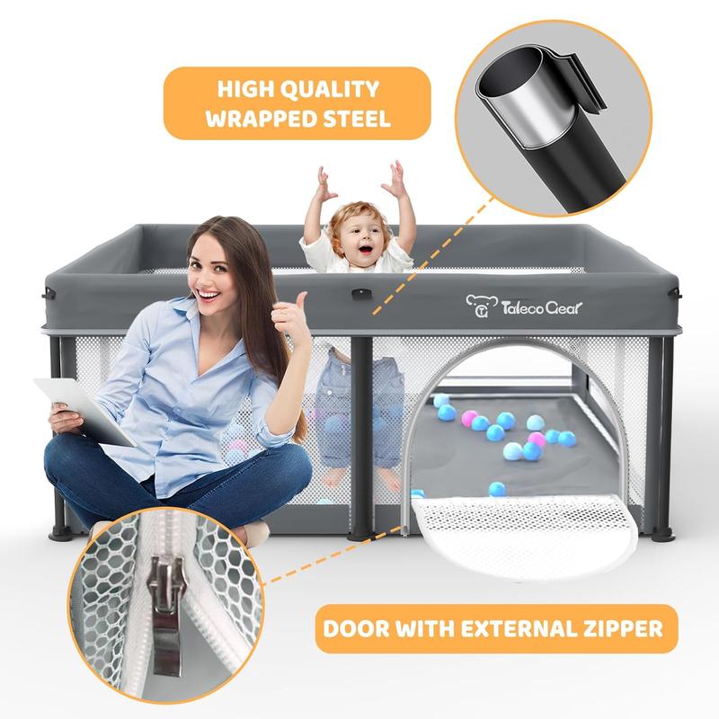 Parque infantil plegable Taleco Gear con alfombra transpirable para bebés y niños pequeños, con puerta de seguridad, 50 pelotas de agua y diseño portátil para viajes.