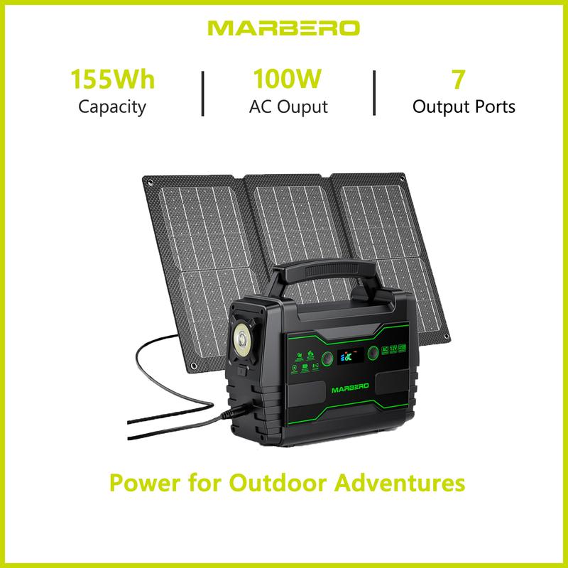 Generador solar de 155 Wh con panel solar de 30 W, estación de energía portátil con 2 tomas de corriente alterna de 100 W (pico de 150 W), 7 puertos de salida, linterna integrada para acampada, hogar y apagones, batería de alta capacidad y batería recarga