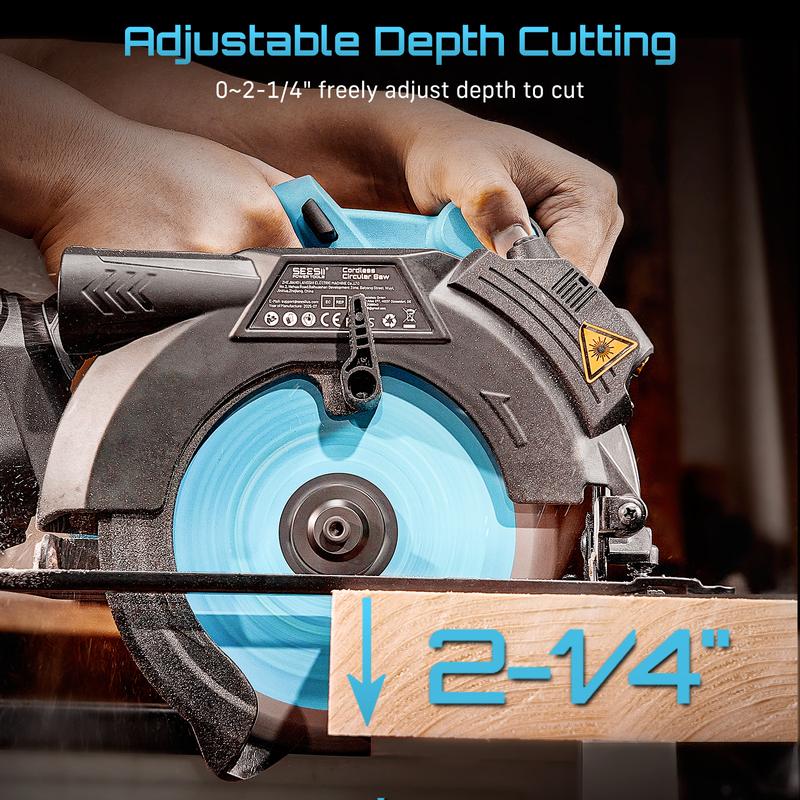 Sierra circular inalámbrica de 21 V MAX (6-1/2”) con guía láser, recargable (2 baterías de 4 Ah y mango auxiliar), profundidad de corte de 2-1/4”, 5200 RPM, capacidad de biselado de 0-45°, sierra circular portátil con profundidad ajustable para trabajos a