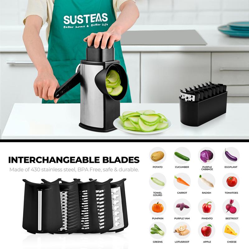 Rallador de queso manual compacto SUSTEAS - Modelo rotativo de acero inoxidable con juego de 5 cuchillas, manivela de accionamiento rápido, base con ventosa potente, caja para guardar las cuchillas, empujador suave y seguro para los dedos, cortador de man