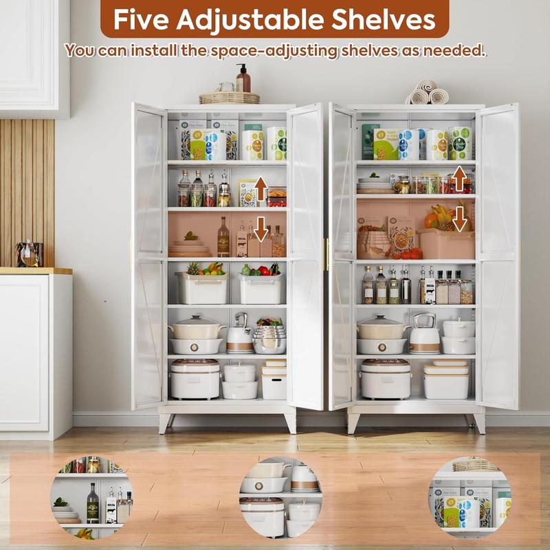 Armario despensa metálico de 190 cm de alto con puertas, armario despensa de cocina estilo rústico con 5 estantes ajustables para cocina, sala de estar, requiere montaje, blanco, 40 cm de profundidad x 80 cm de ancho x 190 cm de alto