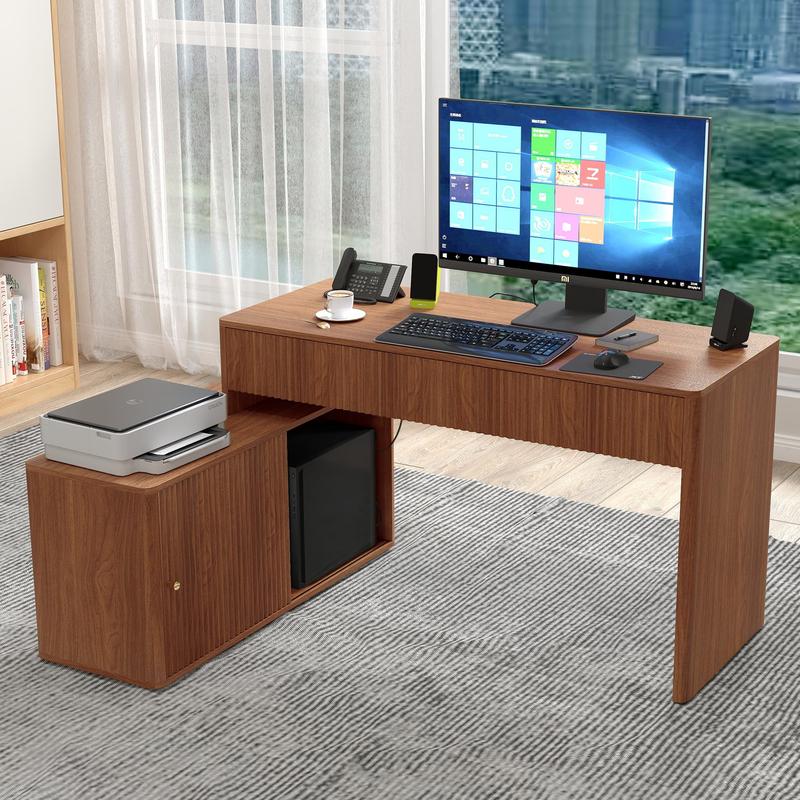 Escritorio moderno Giratree para PC con almacenamiento, escritorio esquinero en forma de L con cajones, escritorio para oficina en casa para dormitorio y espacios pequeños, para escribir, ejecutivo, estudio, trabajo, tocador.
