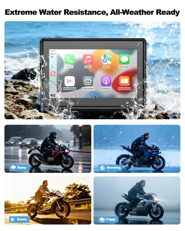 Pantalla para cámara de salpicadero de motocicleta con CarPlay, 5 pulgadas, legible a la luz del sol, resistente al agua y portátil, CarPlay inalámbrico y Android Auto, montaje rápido en el manillar, pantalla táctil con cámaras duales delantera y trasera