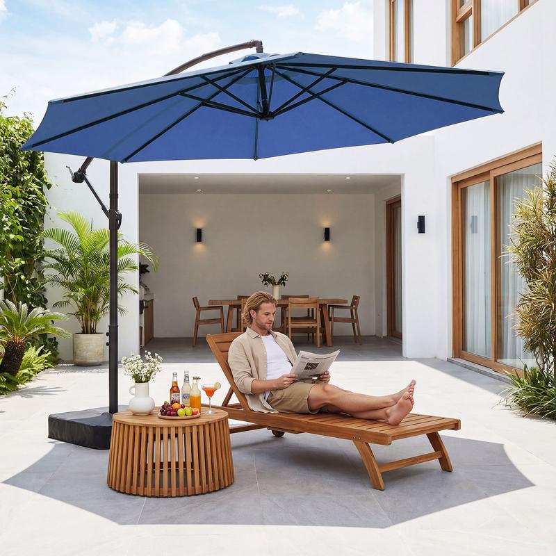 Sombrilla de patio voladiza Docred de alta resistencia con base incluida, sombrilla de exterior de 3 metros con rotación de 360° e inclinación infinita, conjuntos de muebles de patio, toldo teñido en hilo resistente a la decoloración, estructura de acero