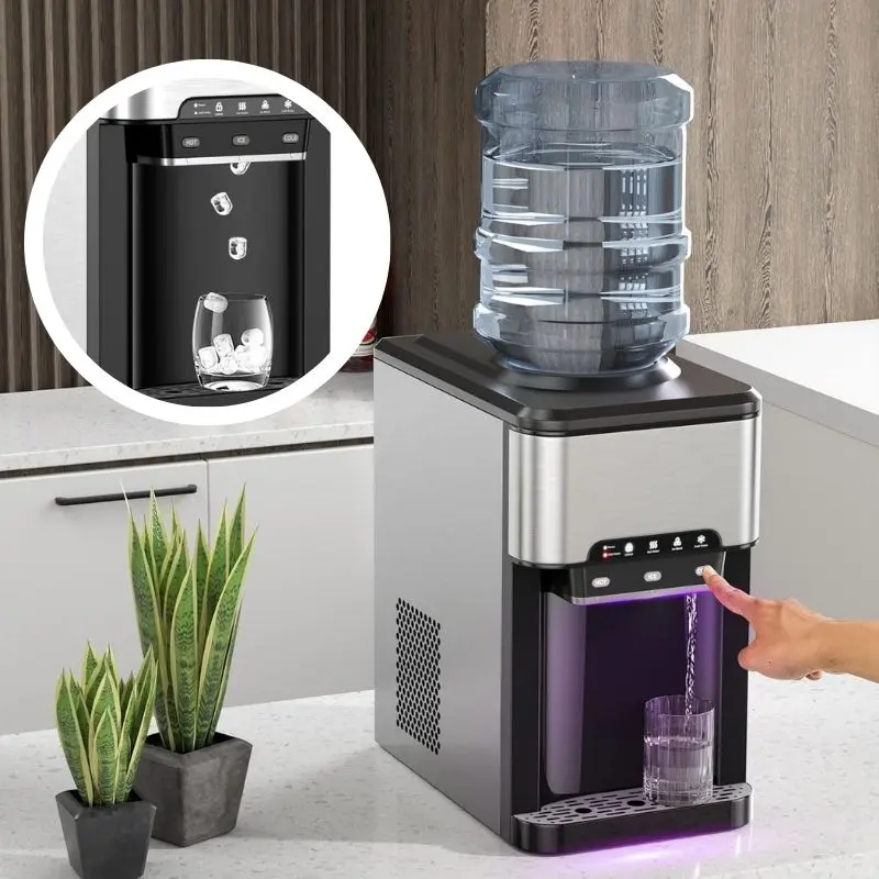 Dispensador de agua de sobremesa con máquina de hielo; dispensador 3 en 1 de carga superior para agua fría y caliente (garrafas de 5 galones) y producción de 48 libras de hielo al día.